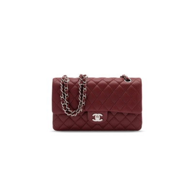 CH@NEL MASTER MEDIUM CLASSIC FLAP BAG WITH SILVER HARDWARE BURGUNDY A01112 (25*16*8cm)