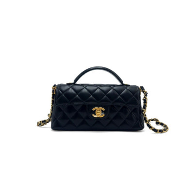 CH@NEL MINI FLAP BAG WITH TOP HANDLE LAMBSKIN & GOLD-TONE METAL BLACK AS5354 (20*14*5.5cm)