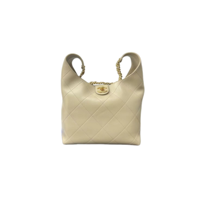 CH@NEL SHINY LAMBSKIN QUILTED HOBO BEIGE(35*30*14)