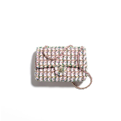 CH@NEL FLAP BAG SEQUINS & GOLD-TONE METAL LIGHT PINK, GREEN & YELLOW AS4561 (21*14*8cm)
