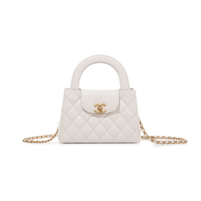 CH@NEL MASTER WHITE QUILTED CALFSKIN MINI KELLY BAG BRUSHED GOLD HARDWARE AS4416 (19*13*7cm)
