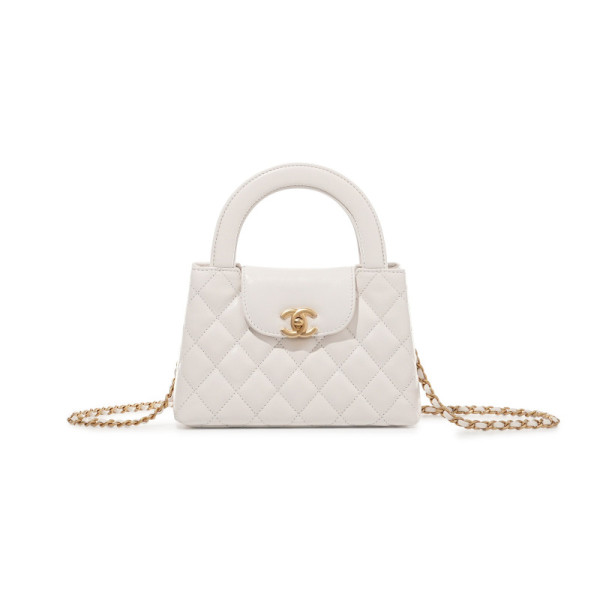 CH@NEL MASTER WHITE QUILTED CALFSKIN MINI KELLY BAG BRUSHED GOLD HARDWARE AS4416 (19*13*7cm)