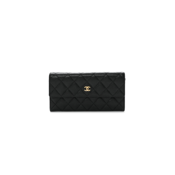 CH@NEL Caviar Quilted Large Gusset Flap Wallet Black（10.5*19*3cm）