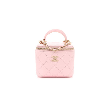 CH@NEL LAMBSKIN QUILTED MINI TOP HANDLE VANITY CASE WITH CHAIN LIGHT PINK 1334686 (10*9*7cm)