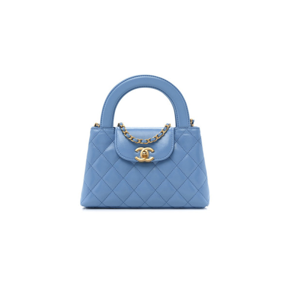 CH@NEL MASTER SHINY CALFSKIN QUILTED NANO KELLY SHOPPER BLUE AS4416 (19*13*7cm)